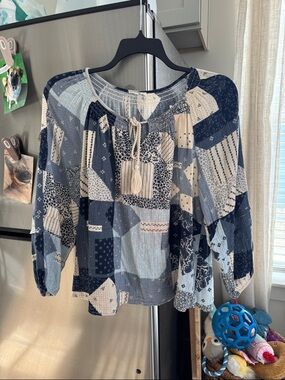 Women's Navy Patchwork Peasant Top with Tassel Tie Madewell